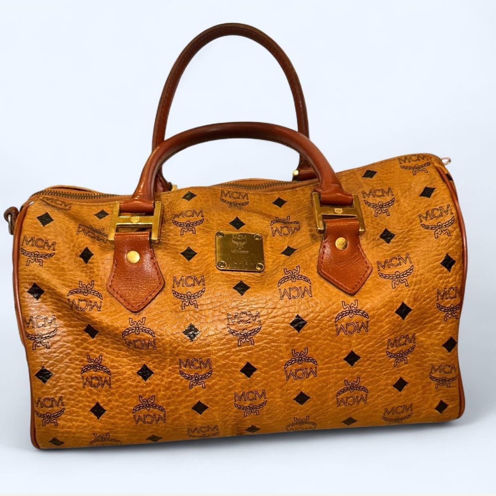 MCM Tan Visetos Monogram Large Handbag with Gold Accents